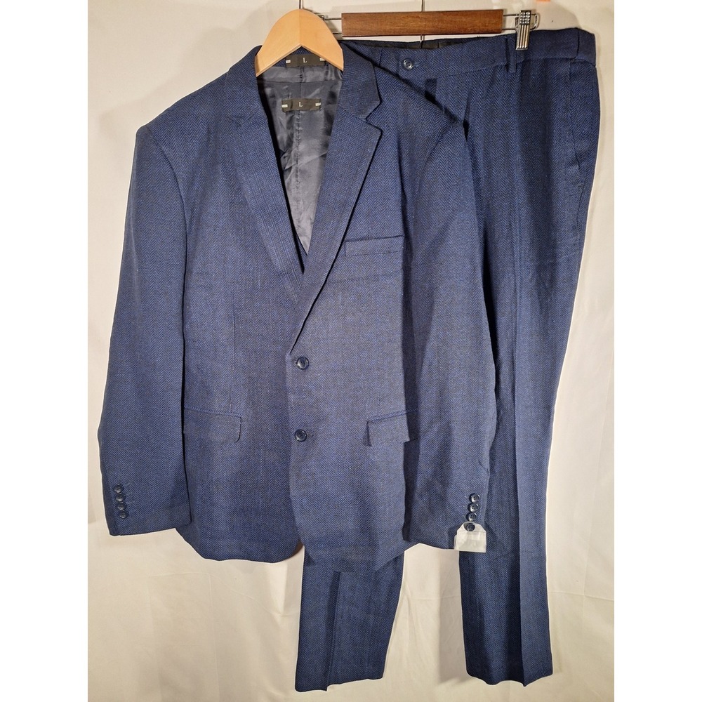 BONOW Mens Navy Blue Herringbone Tweed 3 Piece Suit Jacket Vest Pants‎ Size L